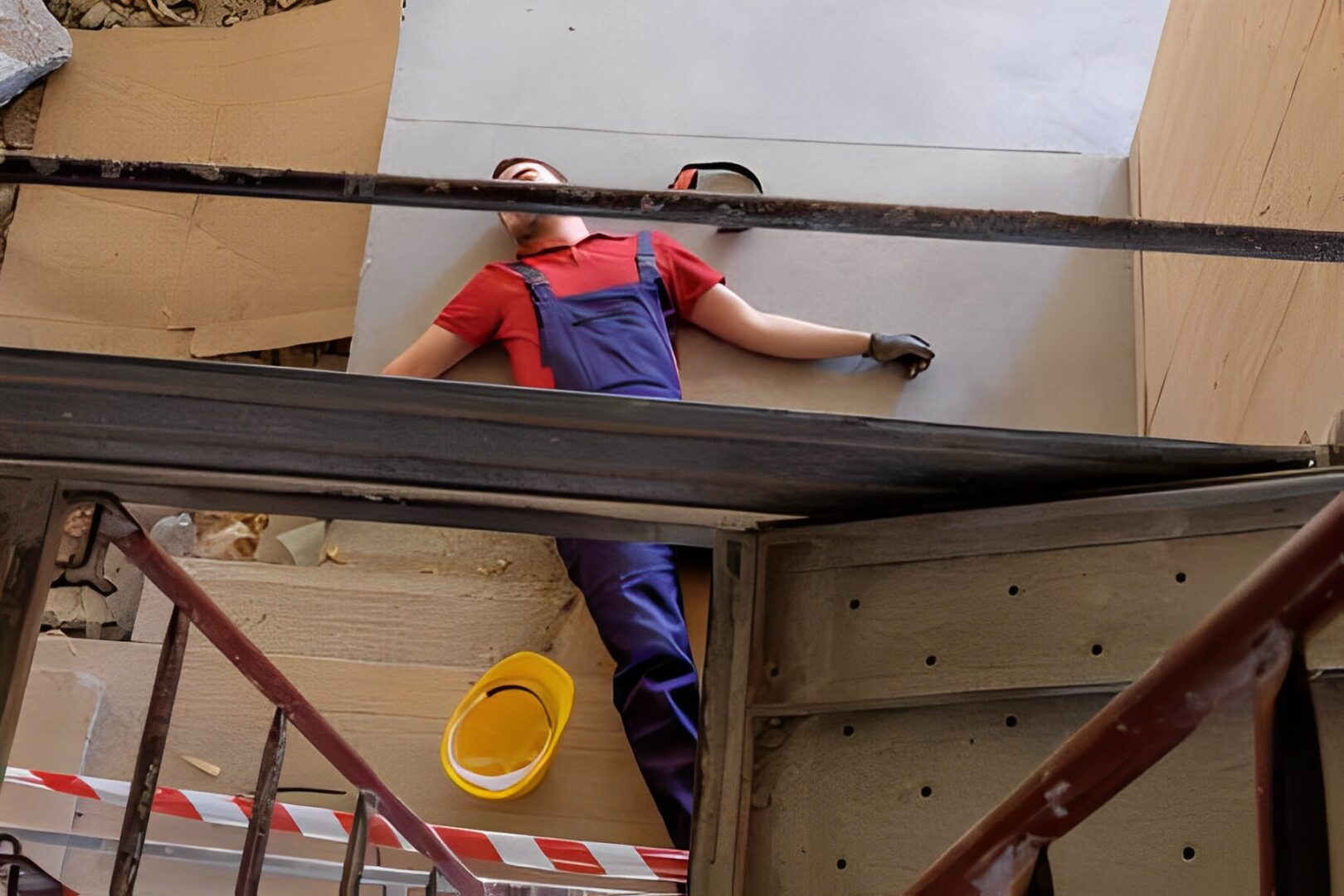 Construction worker in red shirt and blue overalls lying on his back surrounded by building materials and yellow hard hat, inside a work environment with brown and grey surfaces.