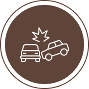 Icon of two cars colliding, one impacting the other's rear, on a brown circular background.