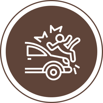 Icon depicting a stick figure being hit by a car on a brown circular background.