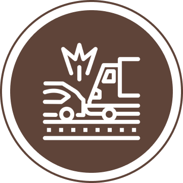 Icon depicting a vehicle collision with a large truck on a road, inside a circular brown border.