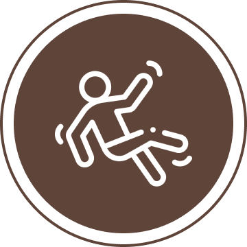 Icon of a stick figure falling backward inside a brown circle.