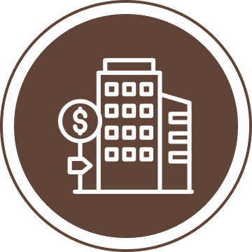 Icon of a building with a dollar sign on a street sign, set within a brown circular background.