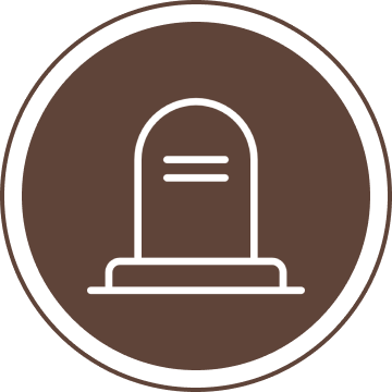 Icon of a tombstone with two lines representing text, set against a brown circular background.