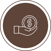 Illustration of a hand holding a coin with a dollar sign inside a brown circular border.